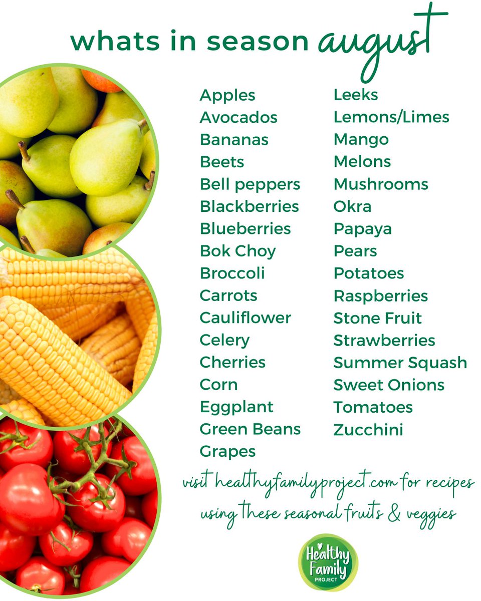 Healthyfamprj's tweet photo. Check out what’s in season in August! ☀️ Summer isn’t over yet! Be sure to buy in season when you’re at the grocery store! No matter if you’re grilling on the weekend, enjoying a vacation, or meal prepping for school, in season is fresh and best! 😋 https://t.co/eHqPdA01lM
