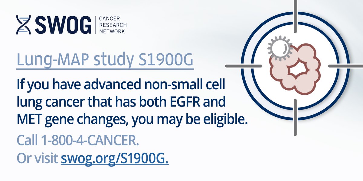 #NSCLC that gets worse after treatment with #osimertinib (#Tagrisso) sometimes has new changes in the MET gene. @LungMAP sub-study S1900G is for people with both #EGFR and MET gene changes. Learn more at SWOG.org/S1900G. Or call 1-800-4-CANCER. Ask about S1900G. #lcsm