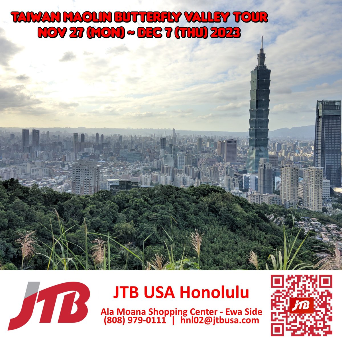 JTBUSA_Honolulu's tweet photo. Good morning Taipei - join JTB USA Honolulu there this fall, guaranteed departure! 🤙
Taiwan Maolin Butterfly Valley Tour
Nov 27 ~ Dec 7
👉 Escorted from Honolulu
https://t.co/I0HuI7pEcb
#tour #Taiwan #maolin #butterfly #visittaiwan #taipei #visittaipei https://t.co/bJErx1t9ha