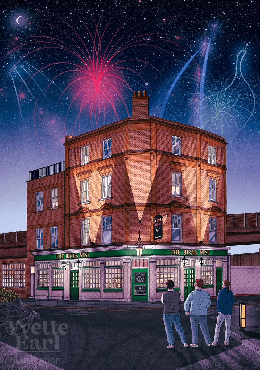 A piece I was commissioned to do recently, this is set on New Years Eve 1999 showing 3 pals bringing in the millennium at their fave #London boozer, The Birds Nest, Deptford. 🍻 I'm taking bookings for commissions for October onwards, get in touch to find out more. #illustration