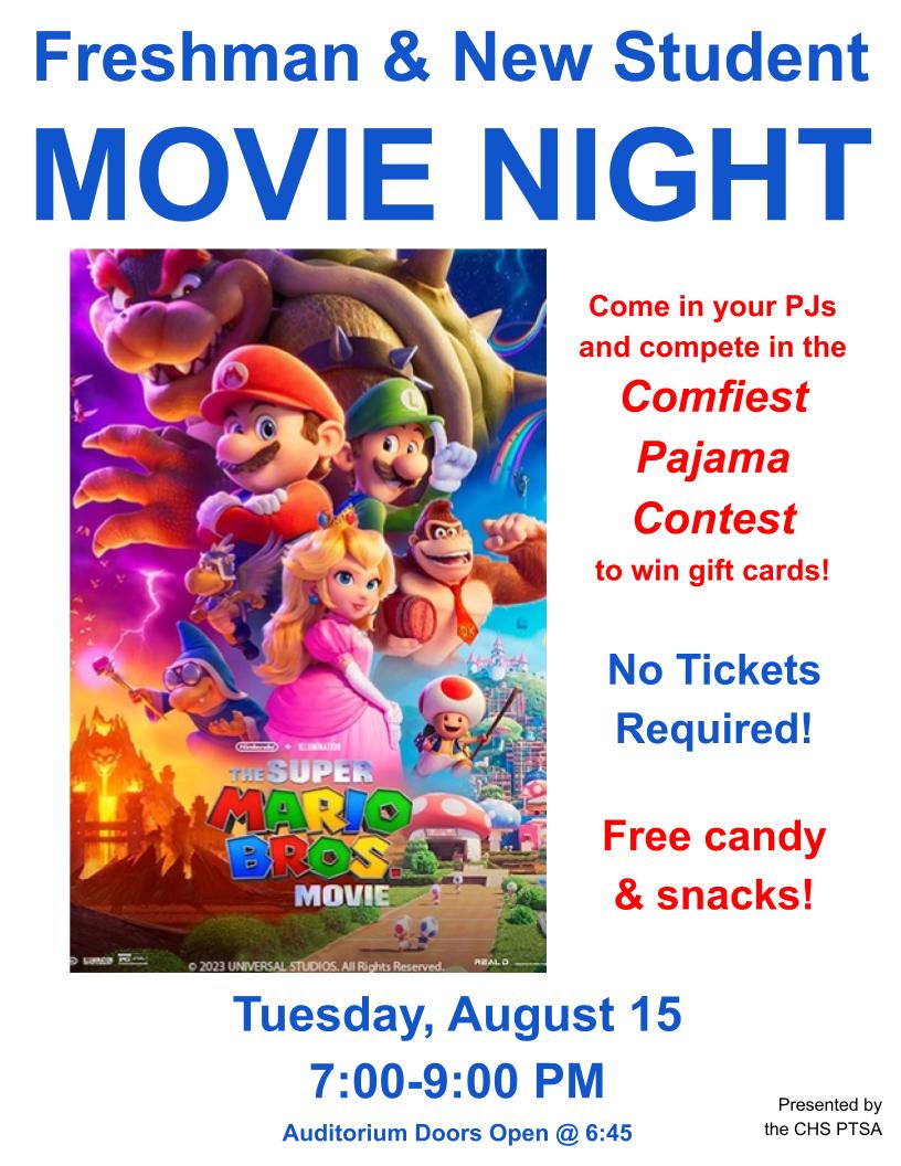 Calling all Freshman and New Students!

Relax after Freshman Camp in your pajamas by joining us August 15th from 7-9pm for the PTSA Freshman and New Student Movie Night! Doors open at 6:45pm in the auditorium. Refreshments and snacks provided.