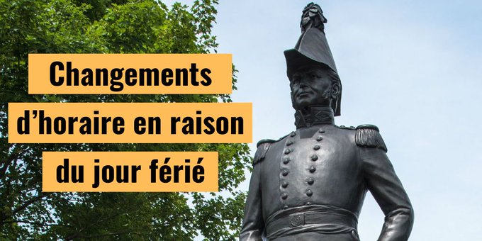 Image ayant à l’arrière-plan la statue du Colonel By, un ciel bleu et un arbre à feuilles vertes à gauche. Un texte écrit en noir dans une bulle orange indique « Changements d’horaire en raison du jour férié ».