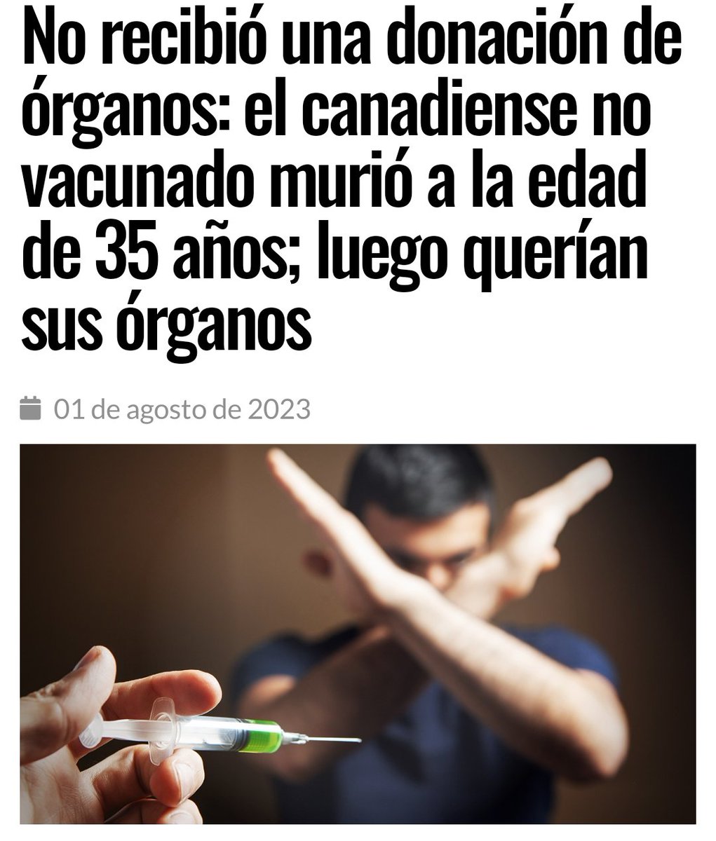 Inconforme75's tweet photo. 🇨🇦Canadá: Con 35 años fallece de una enfermedad renal: le habían denegado la donación de un riñón por NO estar vacunado.
Sin embargo, poco antes de su muerte, pidieron autorización a su familia para disponer de sus órganos!
Simplemente monstruoso...
https://t.co/zTTk1ZP75z https://t.co/bHEDtbvpm7
