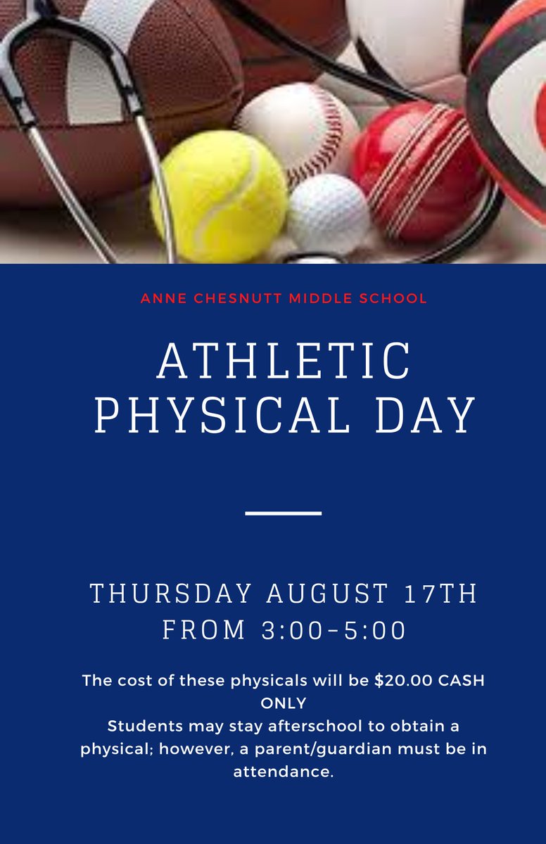 IF YOU'RE STILL MISSING A PHYSICAL, OUR FRIENDS AT <a href="/AnneChesnuttMS/">Anne Chesnutt Middle School</a> WITH THEIR AP/AD <a href="/WhitneyIglesia2/">WhitneyIglesias</a> ARE HOLDING A CLINIC ON 8/17/2023.  $20 CASH ONLY. CONTACT THEIR SCHOOL WITH ANY QUESTIONS.
