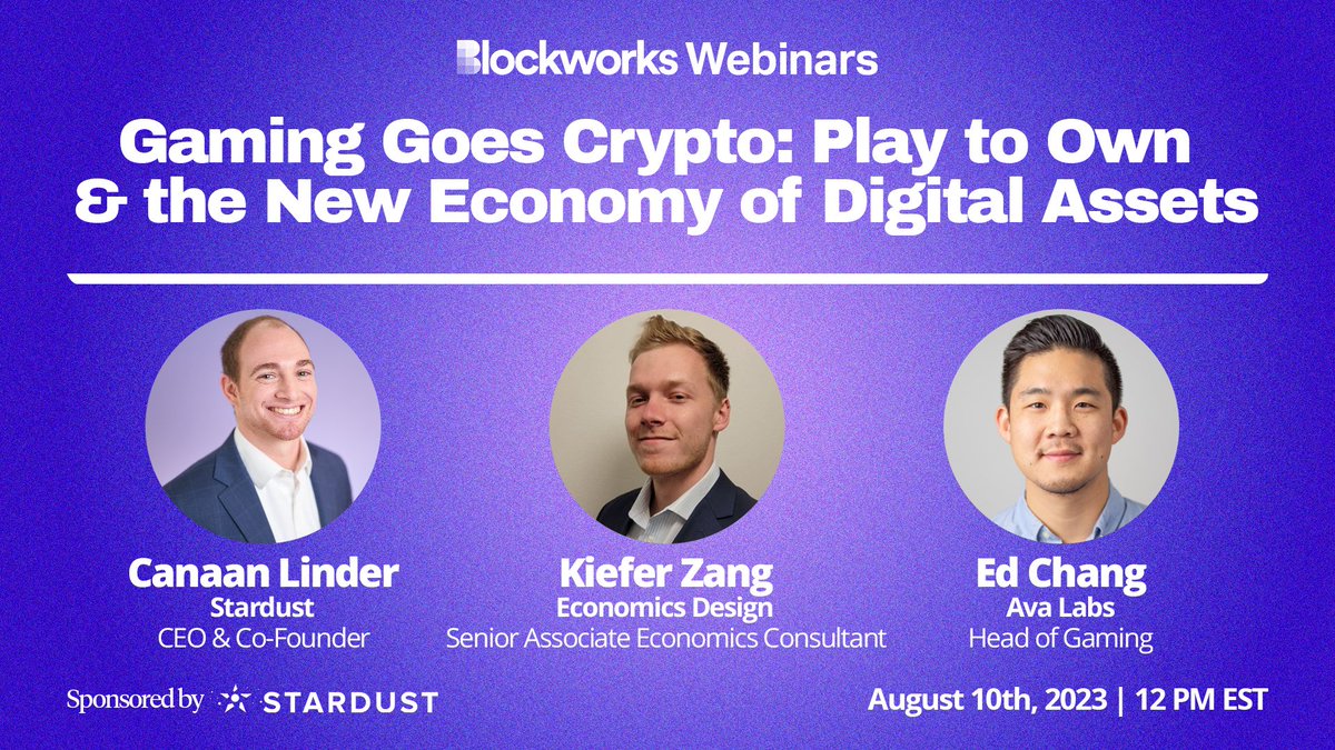 Want to learn more about the present and future of web3 game economies?

Join us next Thursday for the <a href="/blockworks/"></a> webinar

Excited to be joined by:
<a href="/CanaanLinder/">Canaan Linder</a> from <a href="/Stardust/">janny da costa</a> 
<a href="/EdC/">edc</a> from <a href="/avalabsofficial/">AvaLabs</a> 

Sign up below 👇