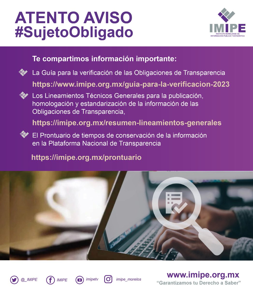 _IMIPE's tweet photo. 📢#AtentoAviso 
🟣El #IMIPE comparte a los #SujetosObligados información importante sobre la Guía para las verificaciones, lineamientos técnicos generales y el prontuario de tiempos de conservación.

👉https://t.co/VVDhCj9bEq
👉https://t.co/a7KtRlwb5f
👉https://t.co/si8iojQItv https://t.co/U3GZwykHCQ