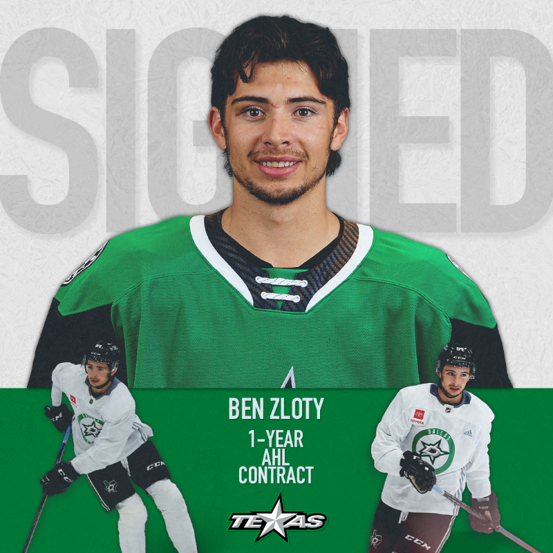 TexasStars's tweet photo. It's pronounced z'LOT-ee :)

We have signed defenseman Ben Zloty to a one-year AHL contract through the 2023-24 season. Welcome to Texas, Ben! 🤩

More ⬇