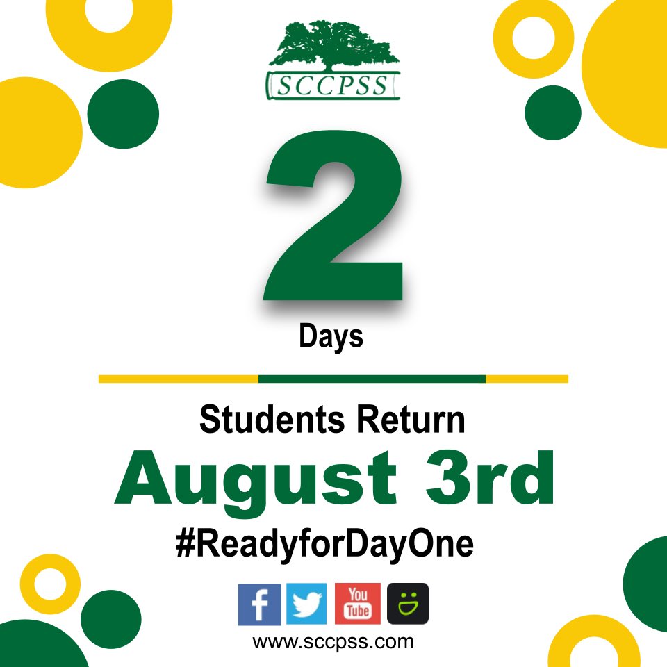SCCPSS's tweet photo. Can you believe it? In just TWO DAYS, we will be welcoming back our 36,000+ students! 📚❤️🎒
Make sure YOU are #ReadyforDayOne! Visit us online at https://t.co/XJ1OoOoYyl… for all the information you need for #DayOne! https://t.co/qbDeNMNRGA