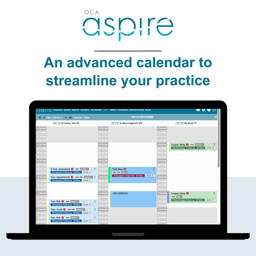 Discover the perfect solution with features like a command center, customizable views, and direct billing within the calendar to streamline your clinic.  Start using OCA Aspire today and elevate patient care and practice! 

 #OCAAspire #Calendar #PracticeManagement