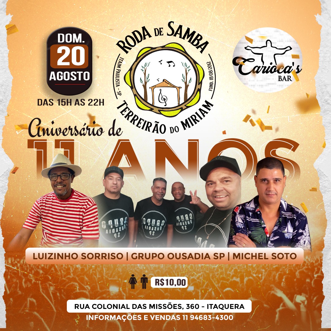 INEGAOCOELHO's tweet photo. *Dia 20 de Agosto*   faremos uma Super Roda de Samba pra Comemorar o Aniversário da Comunidade *TERREIRÃO DO MIRIAM*

Convidados 
Michel Soto
Luizinho Sorriso
Grupo Ousadia/sp

Convite Antecipado *R$10reais* já a Venda
Por meio da Chave pix (11)94683-4300
Alexandre Xavier https://t.co/Mw7BAonppN