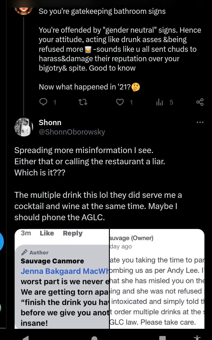 TrumpDownfall's tweet image. Former restauranteur &amp;amp; apparent bigot Shonn Oborowsky finds it hard to keep his lies in line w/#AndyLee

After dogwhistling their base to reviewbomb &amp;amp; harass Savage in Canmore over gender neutral bathrooms &amp;amp; not being over served, he's now threatening to contact @AGLC