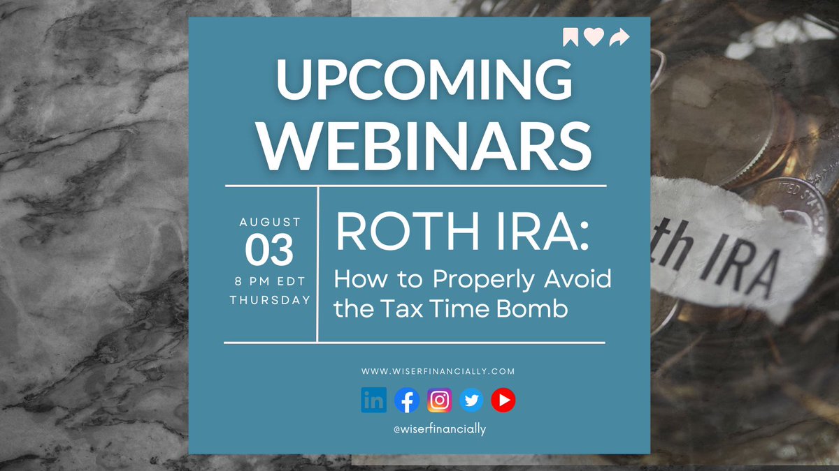 wiserfinancialy's tweet photo. 🔥💣 Don't let the #Tax Time Bomb explode your #retirementsavings! Join our exclusive webinar on Aug 3, 2023, to learn how to properly navigate Roth IRAs. Maximize #taxfree growth and avoid hidden tax traps. 💰💪 #RothIRA #Webinar 

🔗 Register here: https://t.co/TljpRBYWR2 https://t.co/r2da7p9luG