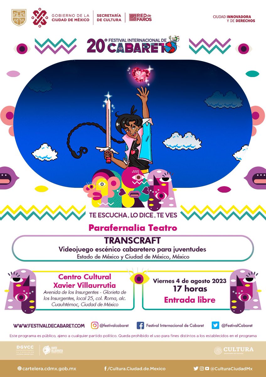 ParafernaliaTea's tweet photo. 👾Nos vemos este viernes en la mera Glorieta de los Insurgentes en CDMX, ahí está el Centro Cultural Xavier Villaurrutia. Presentaremos #Transcraft en el marco del @FestivalCabaret ⚔️ @CulturaCiudadMx @FarosEnRed @CCXVillaurrutia Entrada Libre 🙌🏼 https://t.co/UXfYmU4Cr2