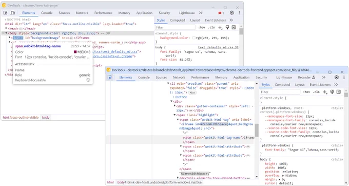 Two Chrome DevTools windows, the first one inspects a webpage, the second one inspects the first one