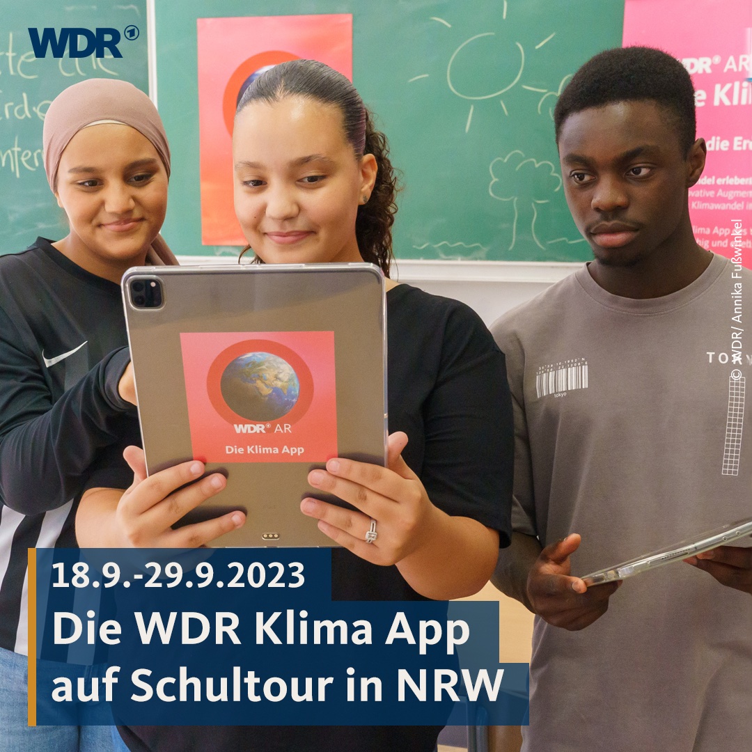 WDR's tweet image. Durch Augmented Reality macht die WDR Klima-App den #Klimawandel erfahrbar und ermöglicht Schüler:innen Naturkatastrophen virtuell zu erleben. #twitterlehrerzimmer #twlz