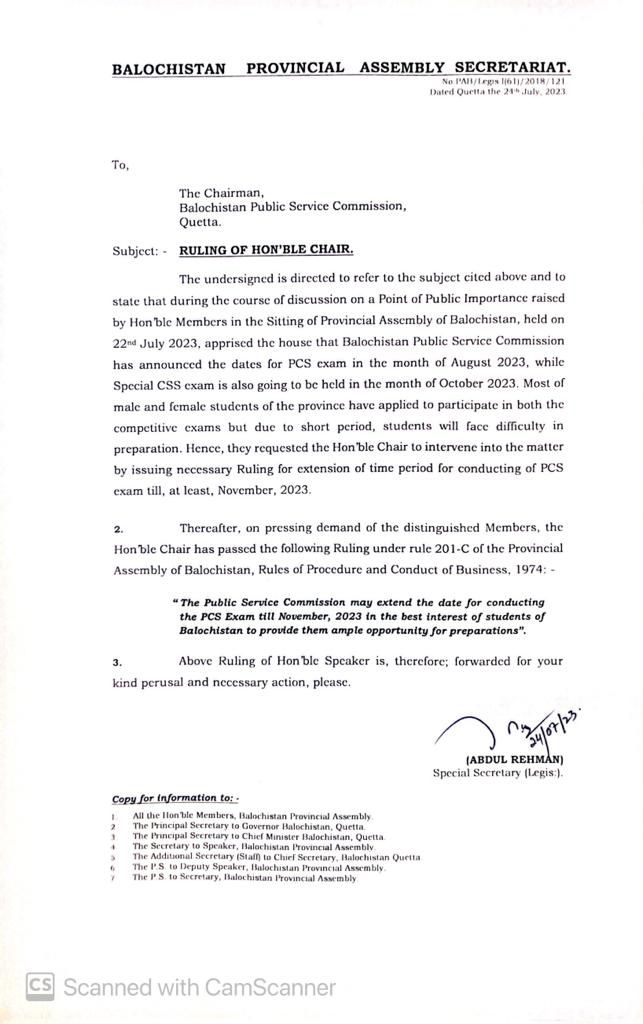 jalalkhan04's tweet photo. @DrMalikBalochNP Directives from worthy CM and Balochistan's Assembly rulling. Now all the aspirants demand that BPSC should delay the exam till nov like all the other provinces did. Students are in the state of anxiety and mental stress. Hopefully better sense prevail. https://t.co/En44V0Js1d