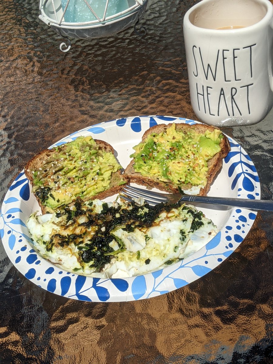He knew I was feeling under the weather today..so he took the time to make me a beautiful breakfast. Egg white omelette with spinach , mushrooms & goat cheese, avotoast and coffee ☕ 🤍 Enjoying breakfast on the deck with the sun shining ☀️💛