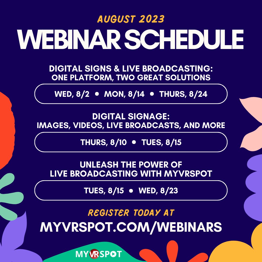 Sign up today #LiveBroadcasting #DigitalSignage #SaaS #UnlimitedStorage #Sharing #K12 #CommunityEngagement

.

.

.

myvrspot.com/webinars