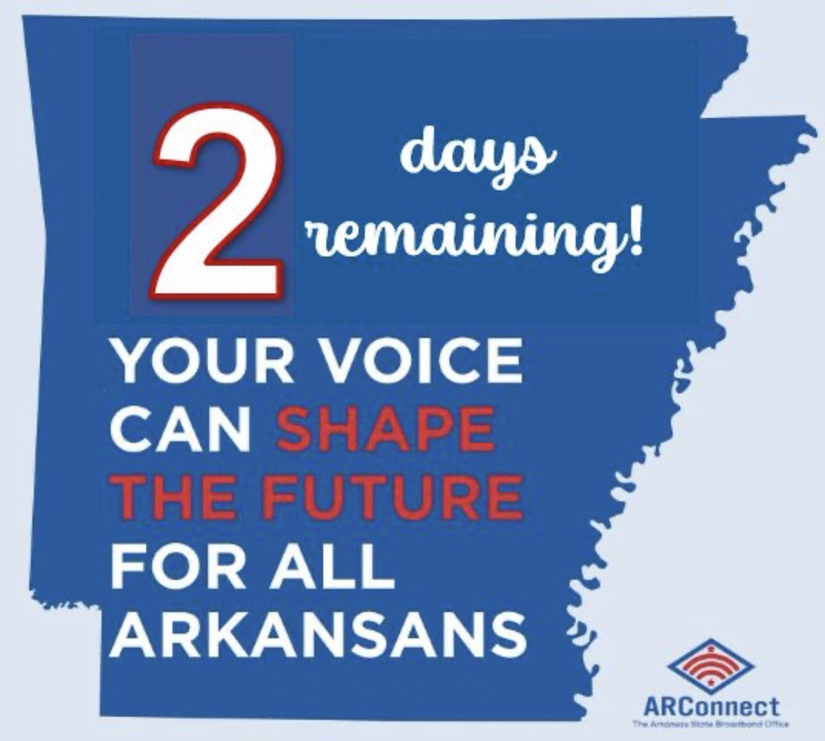 Two days left!

Have your voice heard through <a href="/ARConnectASBO/">The Arkansas State Broadband Office</a>’s Digital Skills and Opportunity Survey! The survey will close tomorrow!

The survey can be accessed here: uark.qualtrics.com/jfe/form/SV_77….

#NaturallyConnected #ARConnect #ARCommerce #arpx #broadband