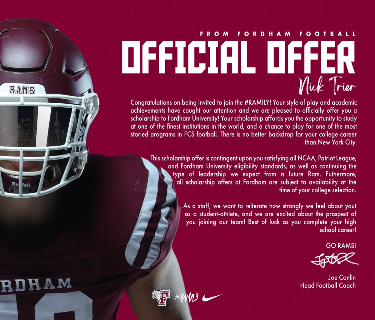Extremely blessed to receive an Official Offer from Fordham University. <a href="/Coach_Conlin/">Joe Conlin</a> <a href="/ArtAsselta/">Artie Asselta</a> <a href="/Lakewoodhsfb/">Lakewood Spartans Football</a>