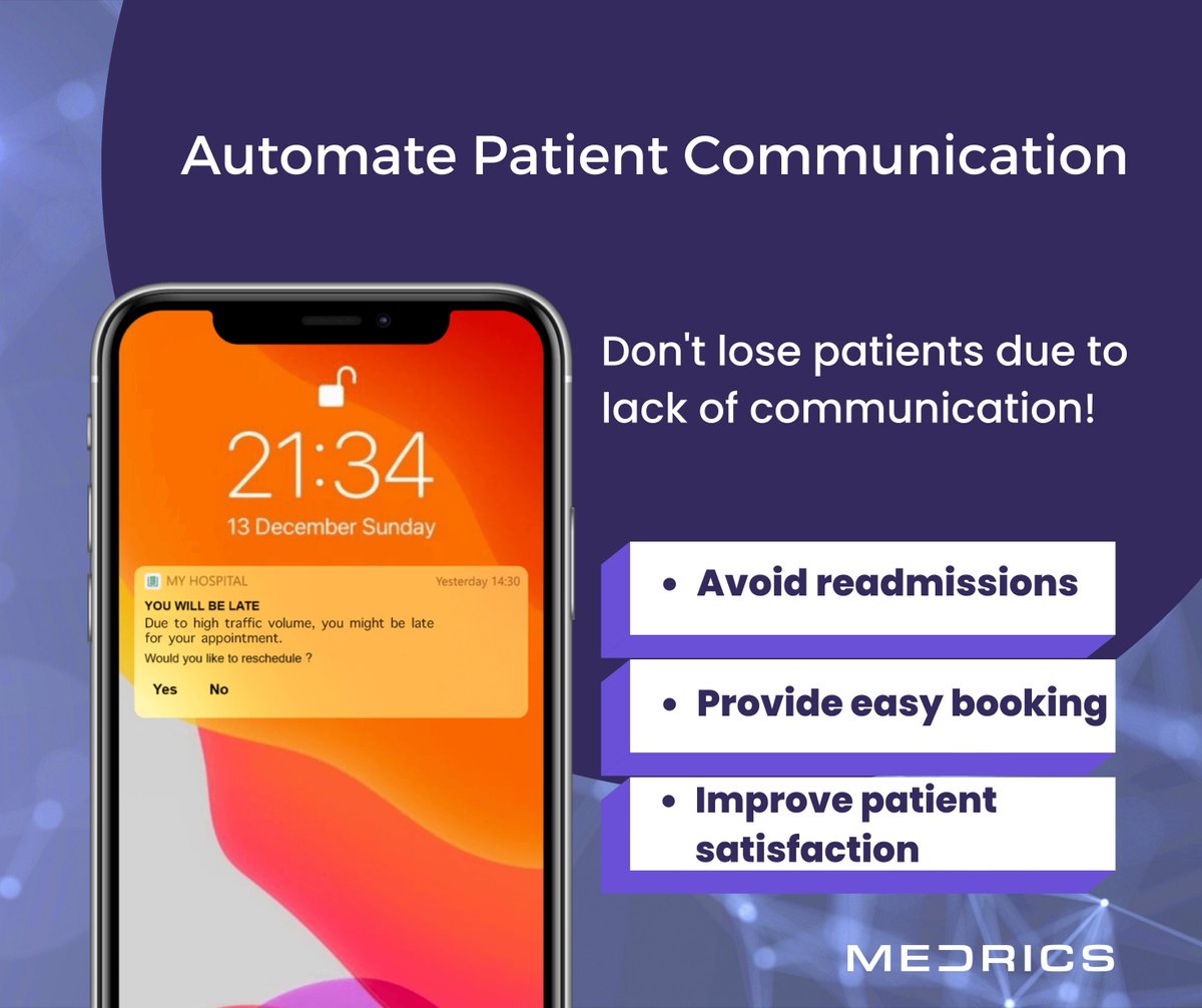 medricscorp's tweet photo. Don't lose patients due to lack of communication! Our platform meets all of your patient access and communication needs from scheduling through discharge. 

#appointmentscheduling #patientengagement #patientexperience #digitalcare #digitalhealthcare #digitalhealth https://t.co/cDhTzQ6dPa