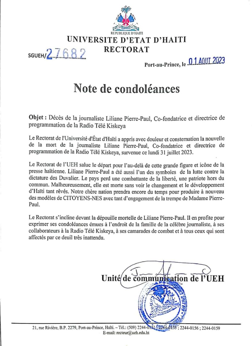 Le Rectorat de l'Université d'État d'Haïti salue le départ de la journaliste Liliane Pierre-Paul.