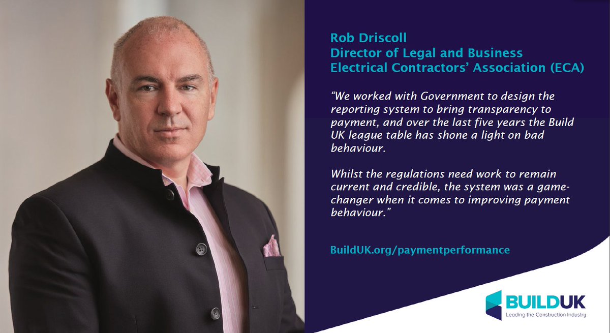 “The system was a game-changer when it comes to improving payment behaviour.”

- Rob Driscoll, @ECALive Director of Legal and Business

📈 Find out more about our work to benchmark #construction’s payment performance below:

builduk.org/paymentperform…

#TransformingConstruction
