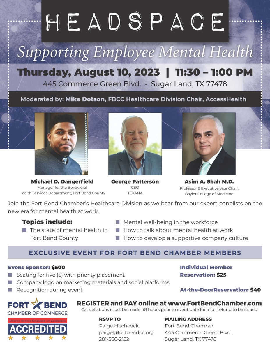 The Fort Bend Chamber of Commerce will host a panel discussion on Supporting Employee Mental Health.  We are honored to have our chief executive officer, George Patterson, and board member, Dr. Asim Shah, as panelists. We hope you will make plans to attend.