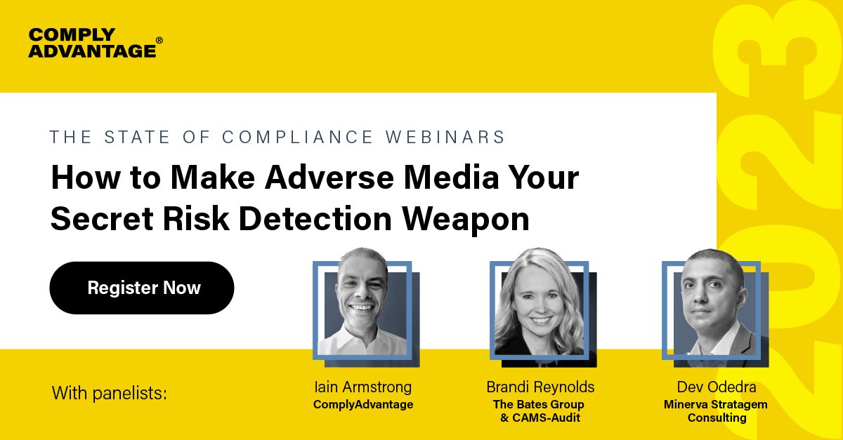 Sign up for our latest webinar to learn how to make adverse media your secret risk detection weapon.

Take advantage of the opportunity to discuss the cost, benefits, and risks of implementing an adverse media solution with our expert panel. Register  👉 hubs.li/Q01ZDf300
