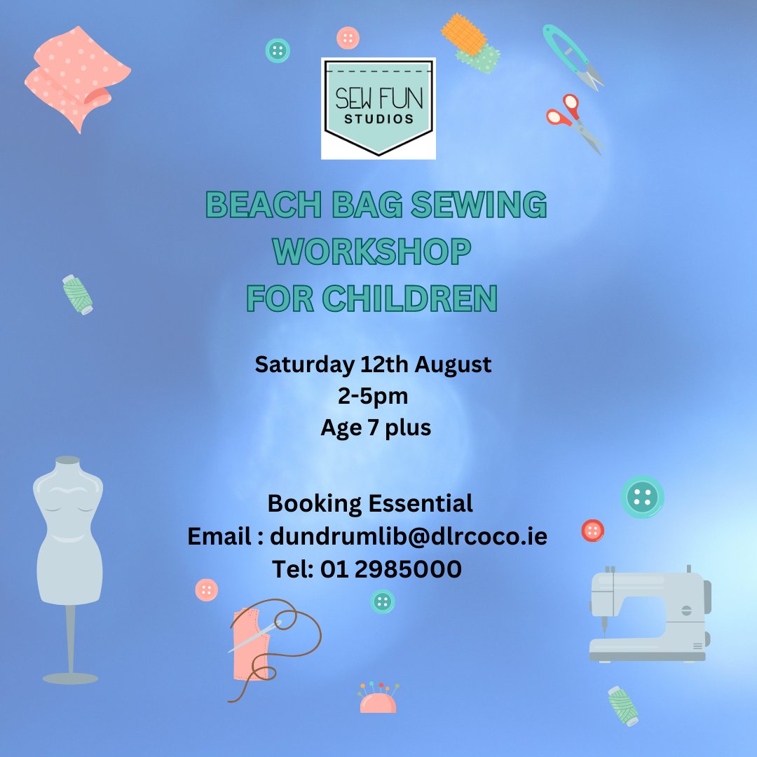 DLR_Libraries's tweet image. Join us this Summer at #DundrumLibrary to create your very own beach bag to take all your essentials with you on your trip to the seaside.

Suitable for age 7+ All levels of ability welcome. Aug 12th from 2-5pm

Booking essential. Contact dundrumlib@dlrcoco.ie or call 01 2985000