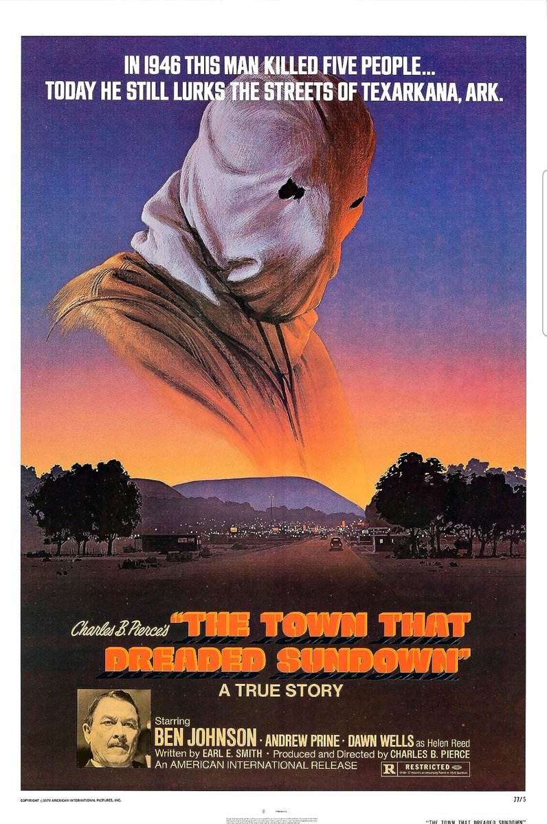 ILoveHorror7's tweet photo. The Town That Dreaded Sundown (1976)

This movie is a semi-documentary based on the real-life string of mysterious killings that terrorized the people of Texarkana, Texas, in 1946. The murder spree became known as the "Texarkana Moonlight Murders" and ultimately would claim five lives and injure many others. The only description of the killer ever obtained was that of a "hooded man." To this day, no one has been convicted and these murders remain unsolved.