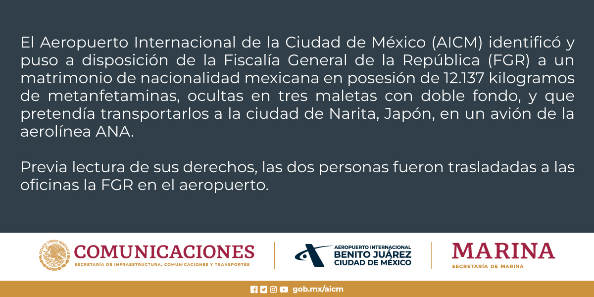 AICM_mx's tweet photo. #AICMinforma 
Se detiene y pone a disposición de la FGR a matrimonio mexicano con metanfetaminas. https://t.co/1bAQKYQbbI