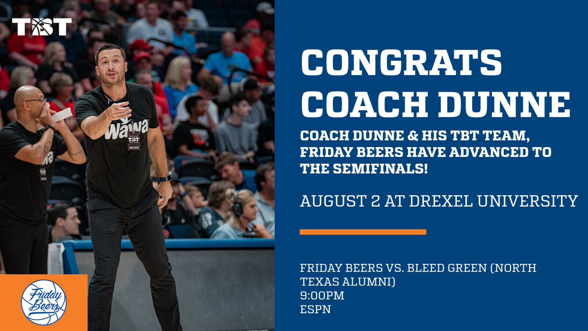 GburgMBB's tweet photo. @CoachBJDunne &amp; @FridayBeersTBT keep 🕺🏼 in @thetournament &amp; are playing in the Semis in Philly! 

Tune in tomorrow night on @espn or get to Drexel University to watch it live! 

📍: Drexel University
📅 : Wednesday, August 2
⏰: 9:00pm
🆚: Bleed Green (North Texas) 
📺: @espn https://t.co/hdsSqOcGzC