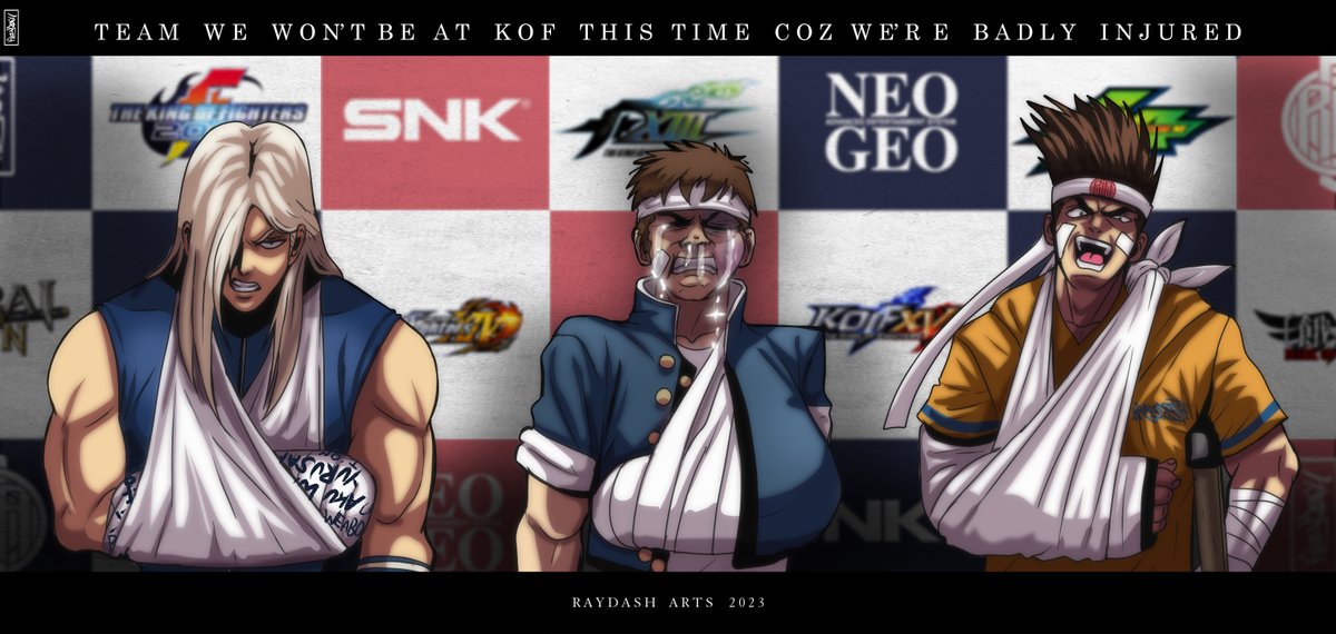 Team broken Arms.
Jhun in 2001, Shingo in 13 Joe''s reference was from cancelled garou sprite concept.
#jhunhoon #shingoyabuki #joehigashi #kof2001 #kofxi #kofxiii #kofxv #thekingoffighters #raydasharts
📷