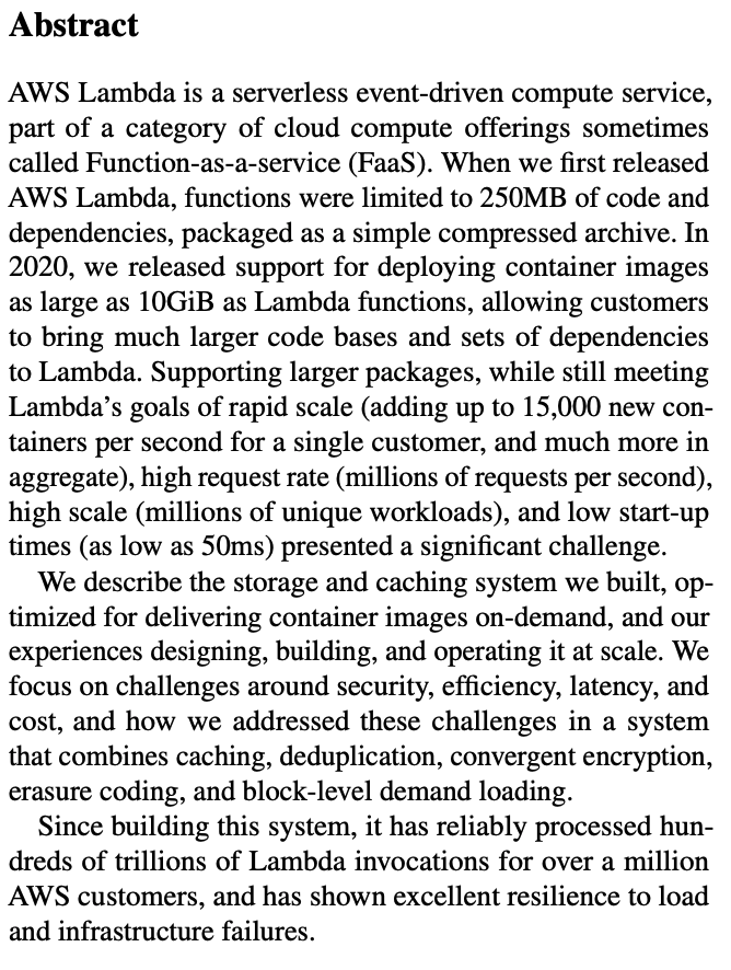 Werner's tweet photo. On-demand Container Loading in AWS Lambda - @MarcJBrooker and team were awarded Best Paper by @usenix on the challenges of loading (huge) container images in #aws Lambda.  https://t.co/yasdN1pEd4 (pdf) https://t.co/YjXqFNF9Bv