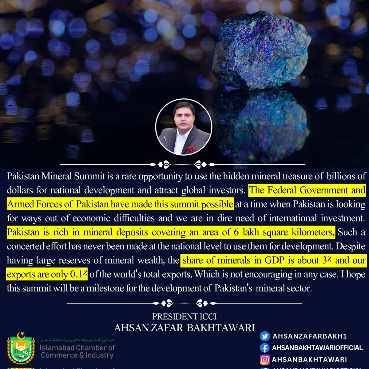 Pakistan Mineral Summit
<a href="/CMShehbaz/">Shehbaz Sharif</a> <a href="/MIshaqDar50/">Ishaq Dar</a> <a href="/betterpakistan/">Ahsan Iqbal</a> <a href="/FPCCI1/">FPCCI</a> <a href="/usembislamabad/">U.S. Embassy Islamabad</a> <a href="/KSAembassyPK/">السفارة في باكستان  - سعودی سفارت خانہ</a> <a href="/uaeembassyisb/">UAE Embassy PK</a>