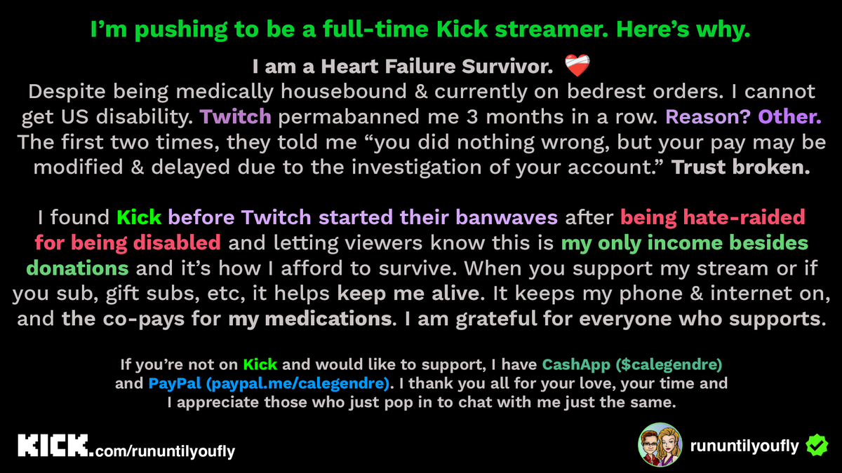corylegendre's tweet photo. My goal is to make it as a #KickStreaming streamer. I am a #HeartFailureSurvivor - this is my shot to survive.

Thank you @StakeEddie, @Trainwreckstv, @PaulieKick &amp; all team/staff for giving us @kick.

THANK YOU EVERYONE!
https://t.co/9bZG565GAd 💚
@Kick_Community_ https://t.co/vkCdofUAp6
