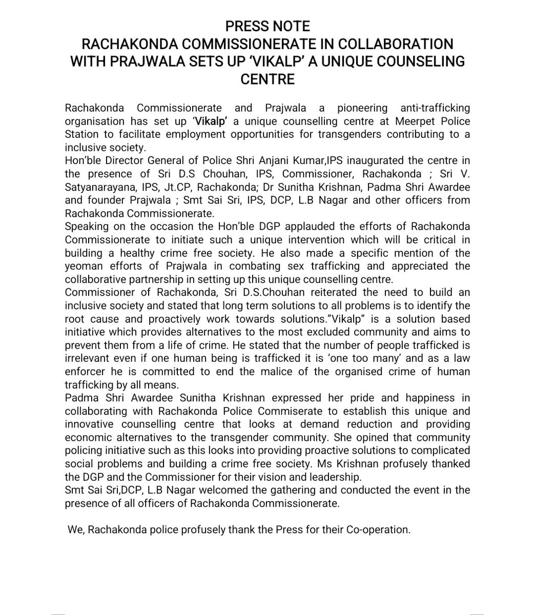 RACHAKONDA COMMISSIONERATE IN COLLABORATION WITH PRAJWALA SETS UP VIKALP A UNIQUE COUNSELING CENTRE AT MEERPET PS,LB NAGAR ZONE .