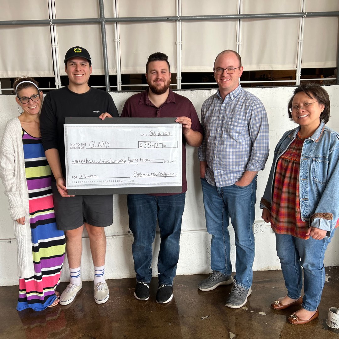 BottleneckMgmt's tweet photo. We teamed up with @newbelgium to donate $2 to the @glaad Foundation for each New Belgium beer sold in June. Last week, we were honored to deliver the check. Thanks to you all, we were able to donate $3,500. https://t.co/BhwwXc6oWJ