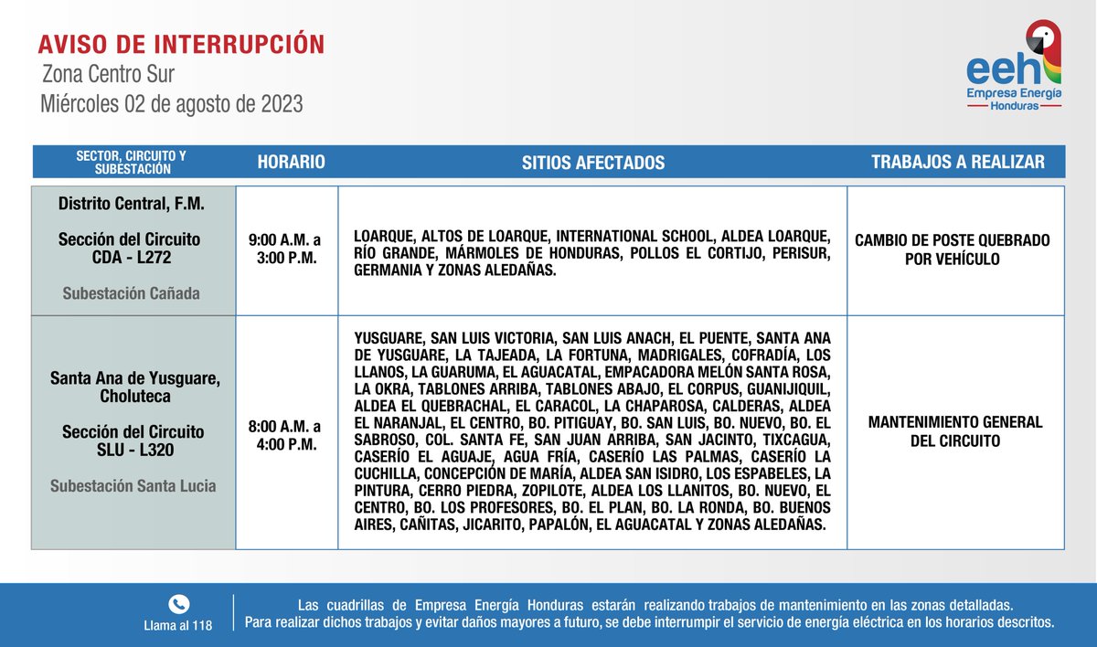 EnergiaHonduras's tweet photo. #EEHTeInforma Compartimos avisos de interrupción del servicio de energía programados para el miércoles 02 de agosto de 2023. Recuerda tomar las medidas de precaución necesarias. https://t.co/nFmxrCYIOJ