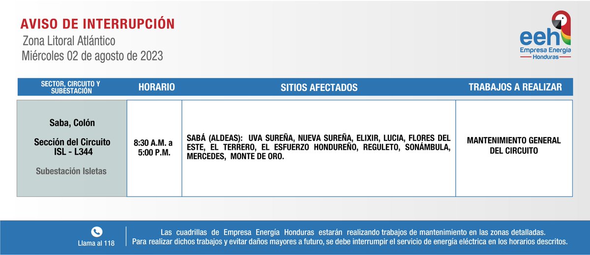 EnergiaHonduras's tweet photo. #EEHTeInforma Compartimos avisos de interrupción del servicio de energía programados para el miércoles 02 de agosto de 2023. Recuerda tomar las medidas de precaución necesarias. https://t.co/nFmxrCYIOJ