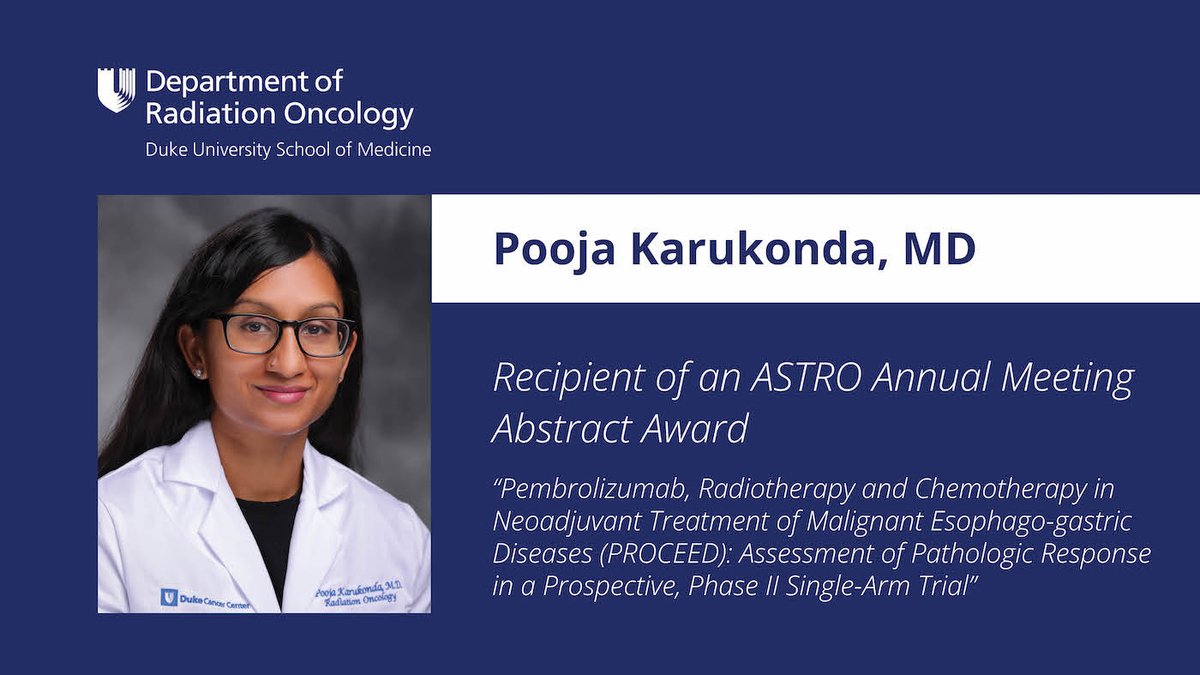 Another @ASTRO_org/@ARRO_org congrats! This time to @DukeCancer #RadOnc resident Pooja Karukonda, MD, who received an annual meeting abstract award. Her abstract was one of 30 selected for an award out of 2,000 submissions ✨ #WomenWhoCurie
