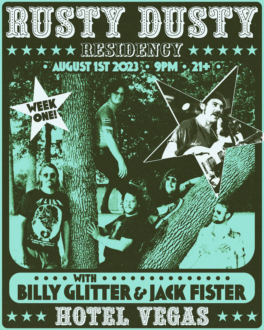 HotelVegasATX's tweet photo. 👢 #RustyDusty begin their Tuesday night Residency 2️⃣NIGHT‼️ ✌️
Swipe right for the full month's lineup‼️
☆ on the grandstand
Doors at 9pm
10pm - Jack Fister
10:45pm - Rusty Dusty
11:30pm - Billy Glitter
☆ @VolsteadLounge
🌮 FREE Tacos by @ulovei
7pm – til gone https://t.co/M1XzY5FMoA