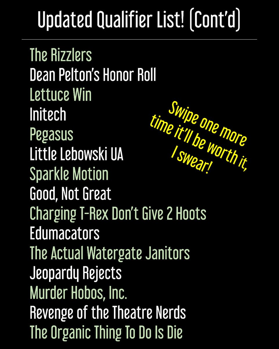 BanjoBugTrivia's tweet photo. Few updates to the list of qualifiers (we missed a couple names) -- MAKE SURE YOU HAVE RSVP'd for Sunday's OTPL Invitational!

https://t.co/HUUqCRGIE8 https://t.co/xo5WUNlGdX
