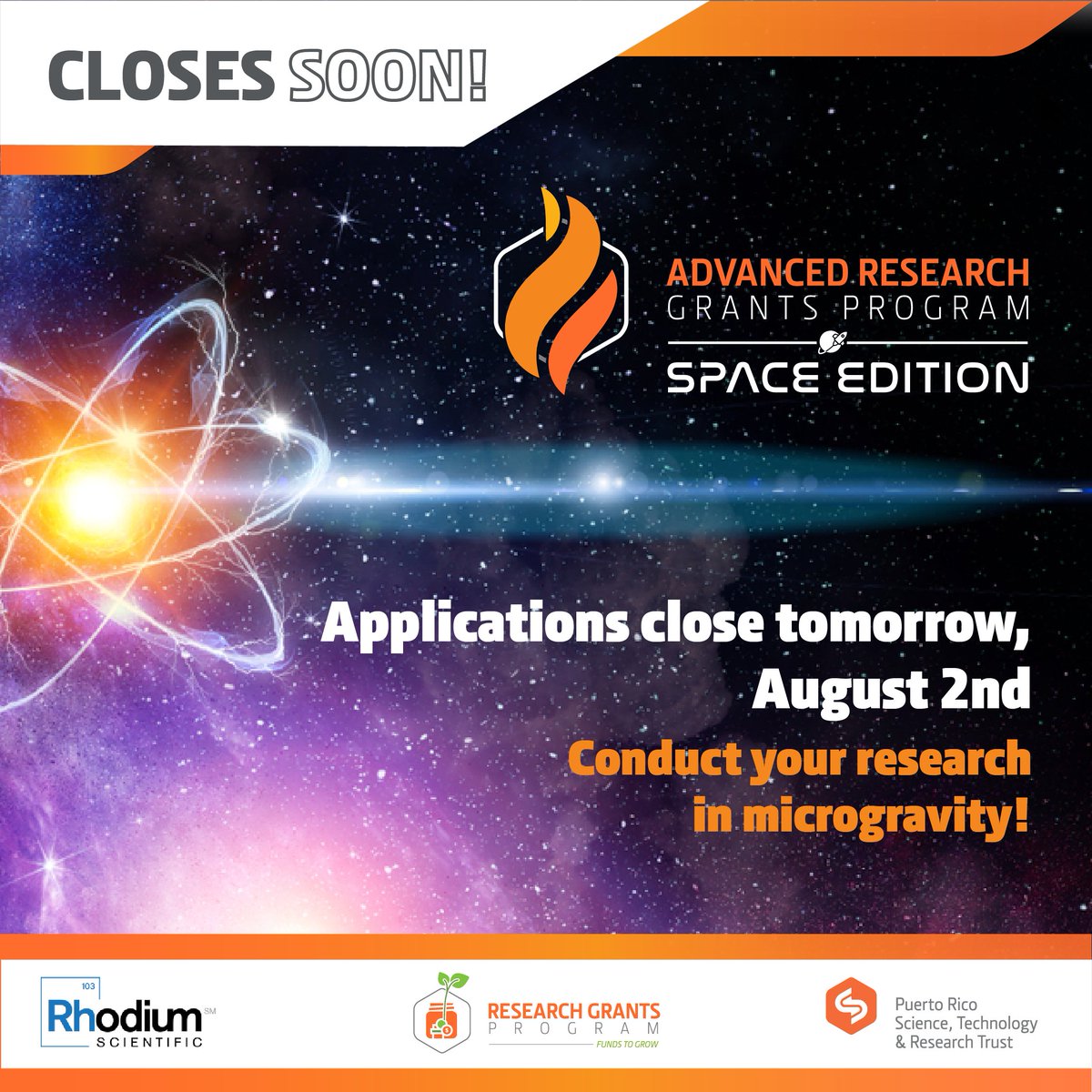 🚨 Applications close tomorrow! Send your research to space 🛰️ Don't miss this opportunity! Apply now until August 2nd. Open to universities, startups, small companies, and research institutions. Apply now 🔗 prsciencetrust.org/arg-microgravi… 🤝 @RhScientific