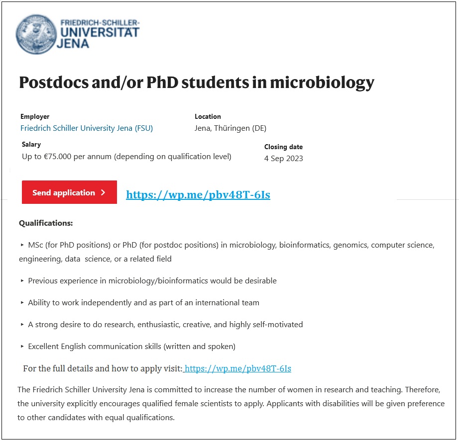 📌 PhD and/or Postdocs Funded Positions in Microbiology🦠 at Friedrich Schiller University of Jena in Germany 🇩🇪... Please Retweet and spread the word! For details visit: wp.me/pbv48T-6Is