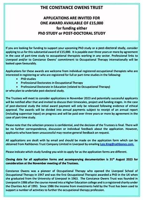 One calendar month left to apply for this funding for your PhD or Post-doctoral Study. 
The Constance Owens trustees are delighted to offer another award of £15,000 funded over three years for either PhD or Post-doctoral study. Please circulate to colleagues.