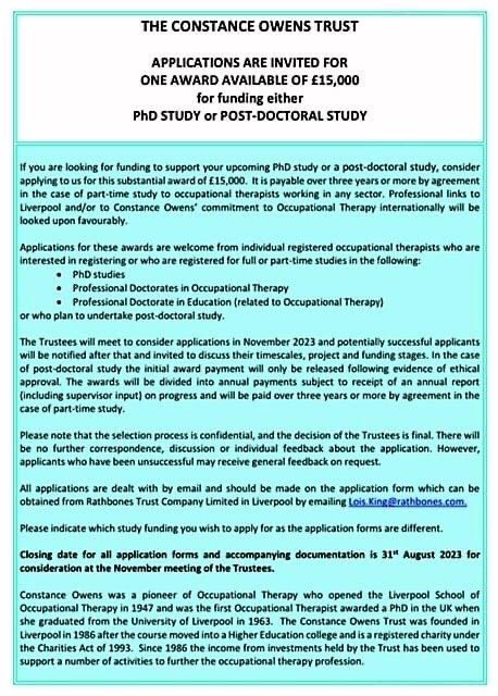 One calendar month left to apply for this funding for your PhD or Post-doctoral Study. The Constance Owens trustees are delighted to offer another award of £15,000 funded over three years for either PhD or Post-doctoral study. Please circulate to colleagues.