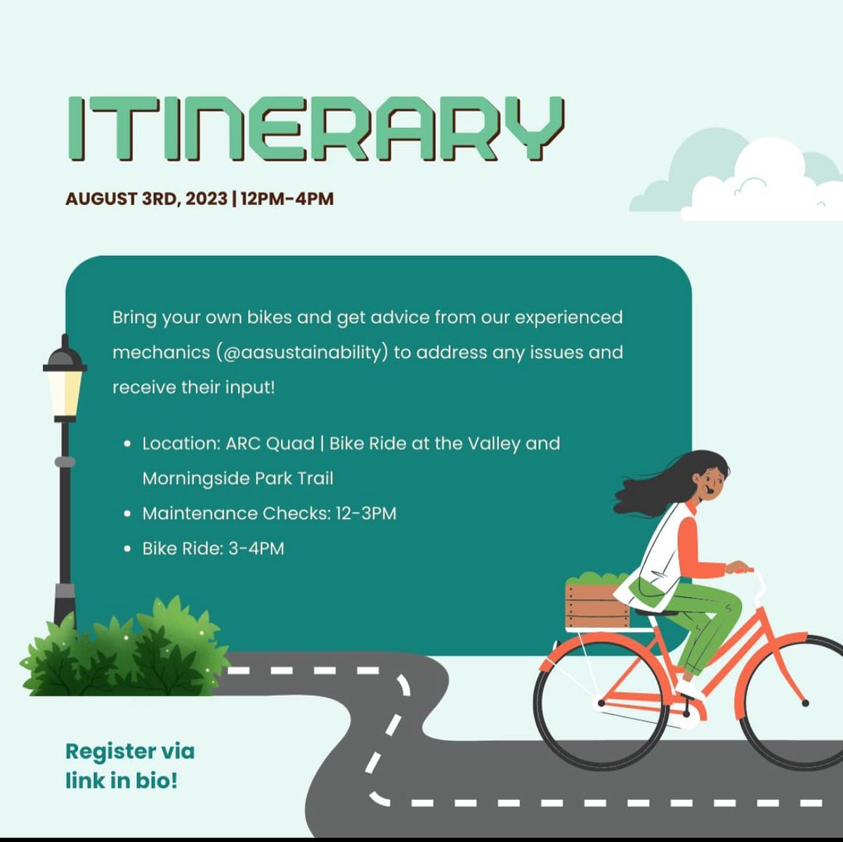 We are calling all biking-enthusiasts to embrace the road with SCSU!

Our friendly Bike Clinic runs from 12 PM to 3 PM, offering free check-ups and repairs for all your bikes.

Whether you're a seasoned rider or just starting, we're here to make sure your wheels are in top shape!