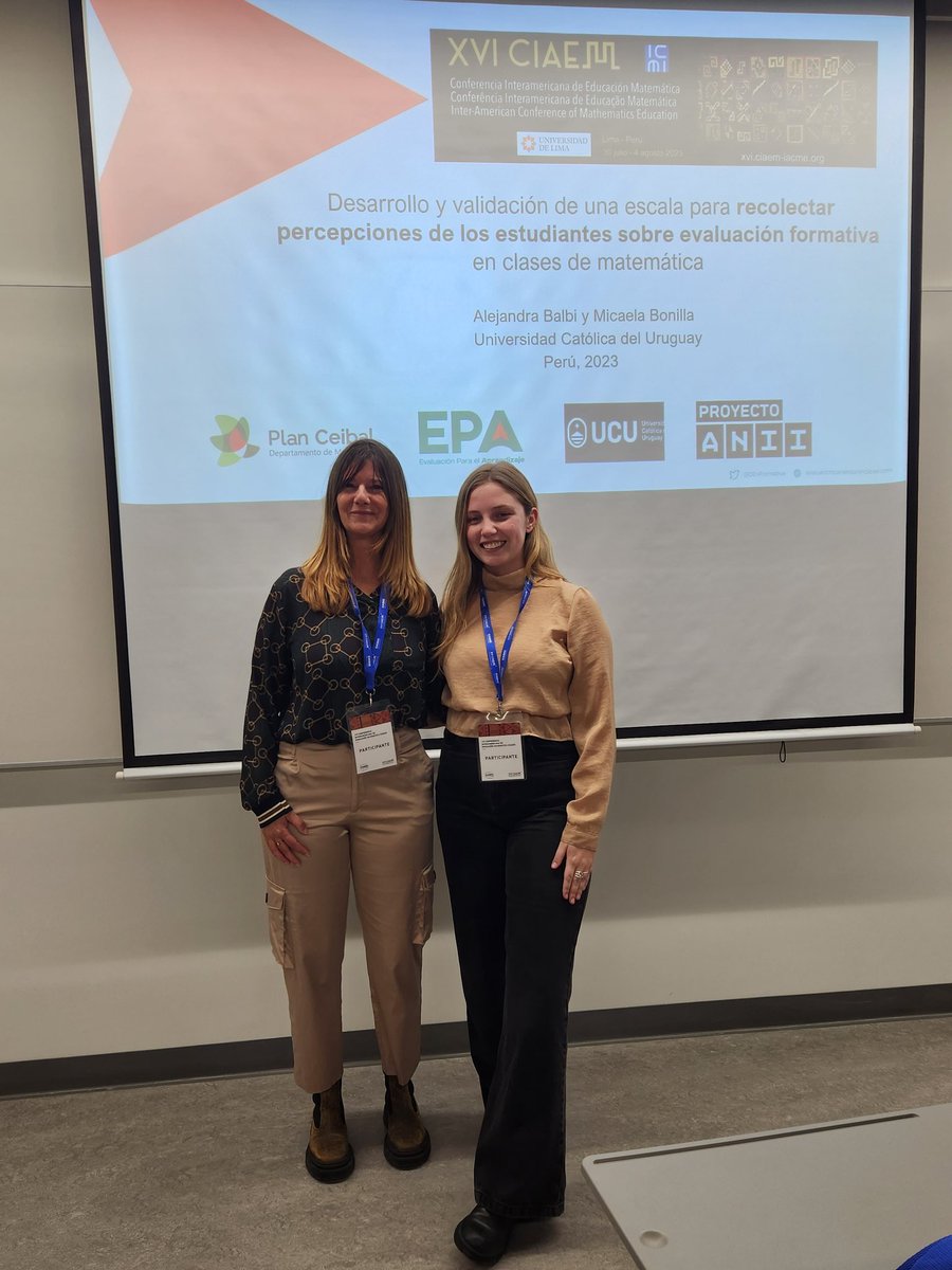 Las Prof Alejandra Balbi (<a href="/alejandra_balbi/">Alejandra Balbi</a>) y Micaela Bonilla (<a href="/Mbonillalastman/">Micaela Bonilla</a>) de #EducaciónUCU participaron en #XVICIAEM Lima, Perú. Tuvieron ocasión de presentar su escala de #evaluaciónformativa en la región #proyectoanii <a href="/UCUoficial/">Universidad Católica</a>